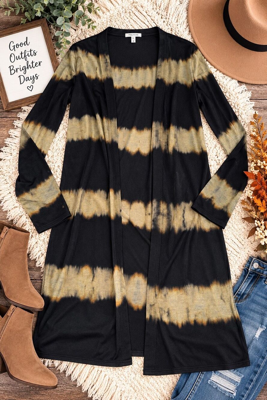 Maurices Small Black Tan Tie Dye Open Front Long Cardigan Duster Boho